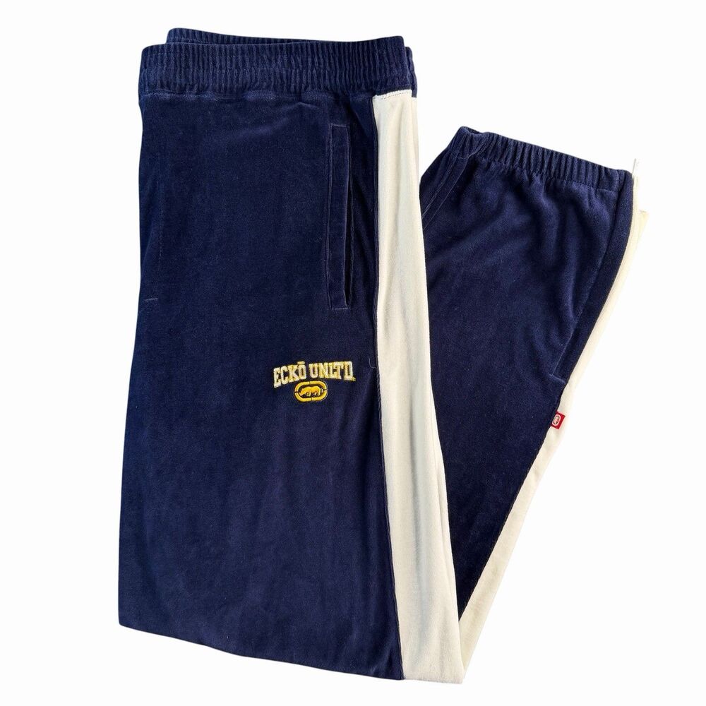 Vtg Ecko Unltd Velour Track Pants Mens Medium Blue Baggy Loose Ankle Zip Y2K